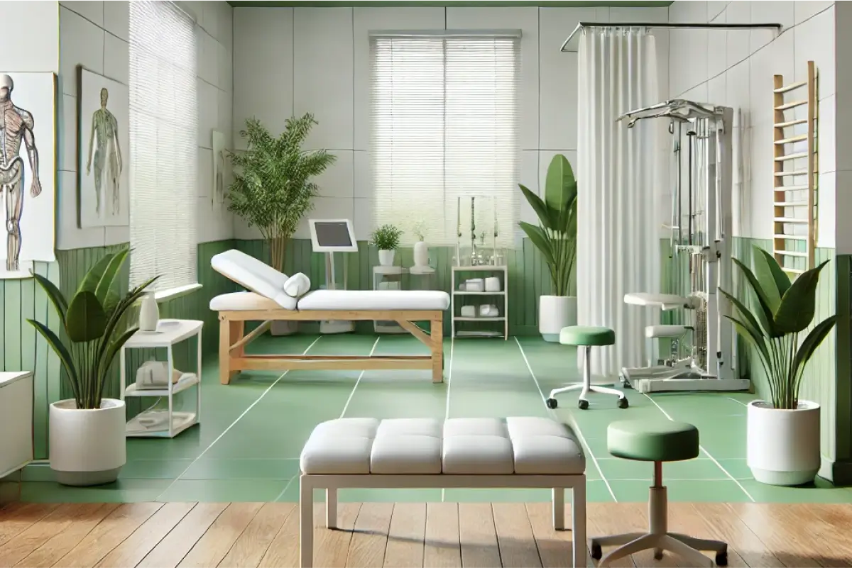 Moderner Physiotherapieraum mit Behandlungsbank und Trainingsgeräten für Rehabilitation und Bewegungstherapie