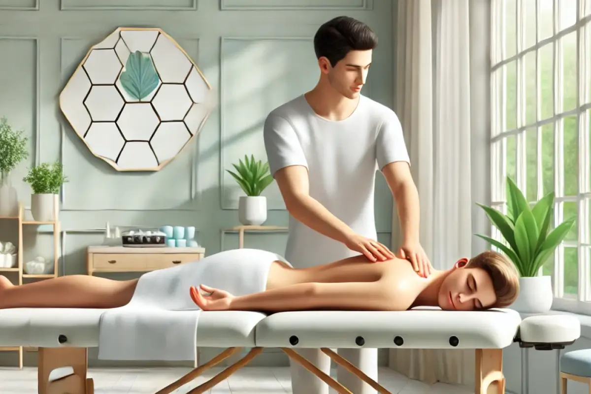 Ein Therapeut führt eine entspannende Rückenmassage bei einem Patienten in einem hellen und modernen Behandlungsraum durch